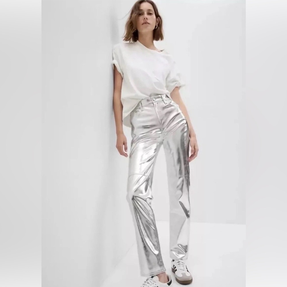 GAP Cheeky Straight High Rise Silver Metallic Vegan Leather Pants 29/8 Regular
